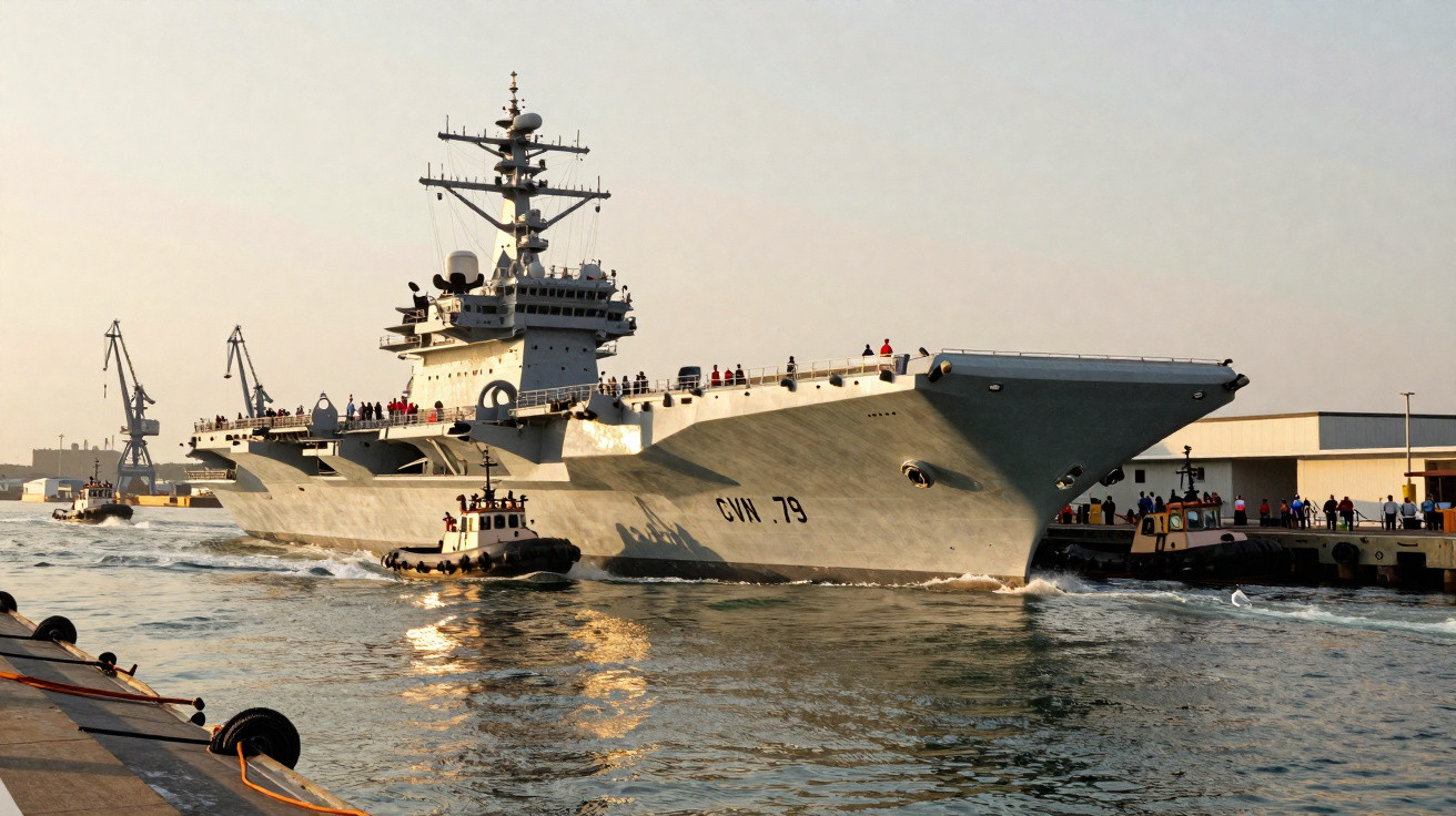 Porta-aviões militar cinza CVN 79 atracado em porto com pessoas ao redor e dois barcos de apoio.