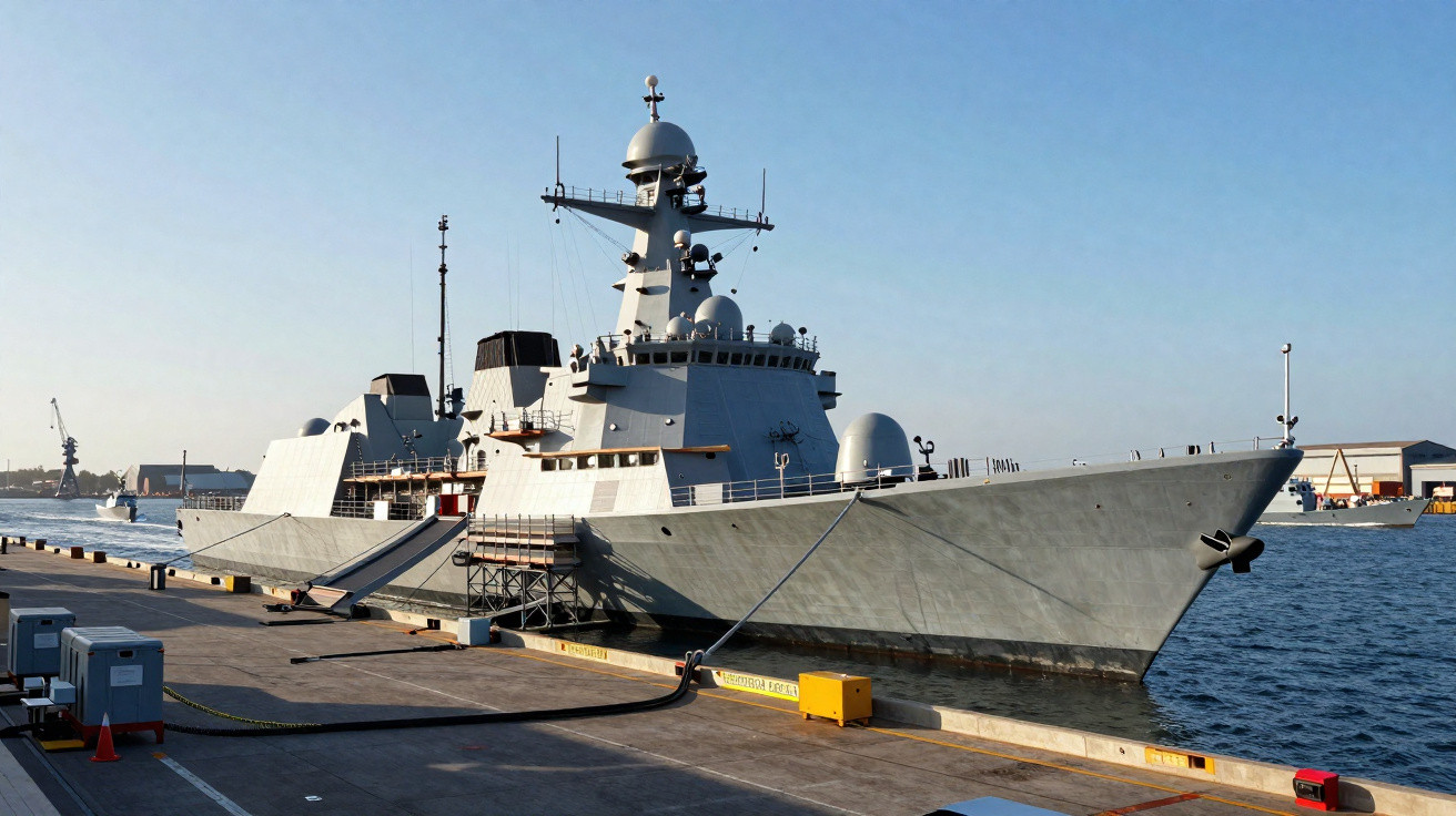 Navio de guerra cinza atracado em cais com céu limpo ao fundo e equipamentos no píer.