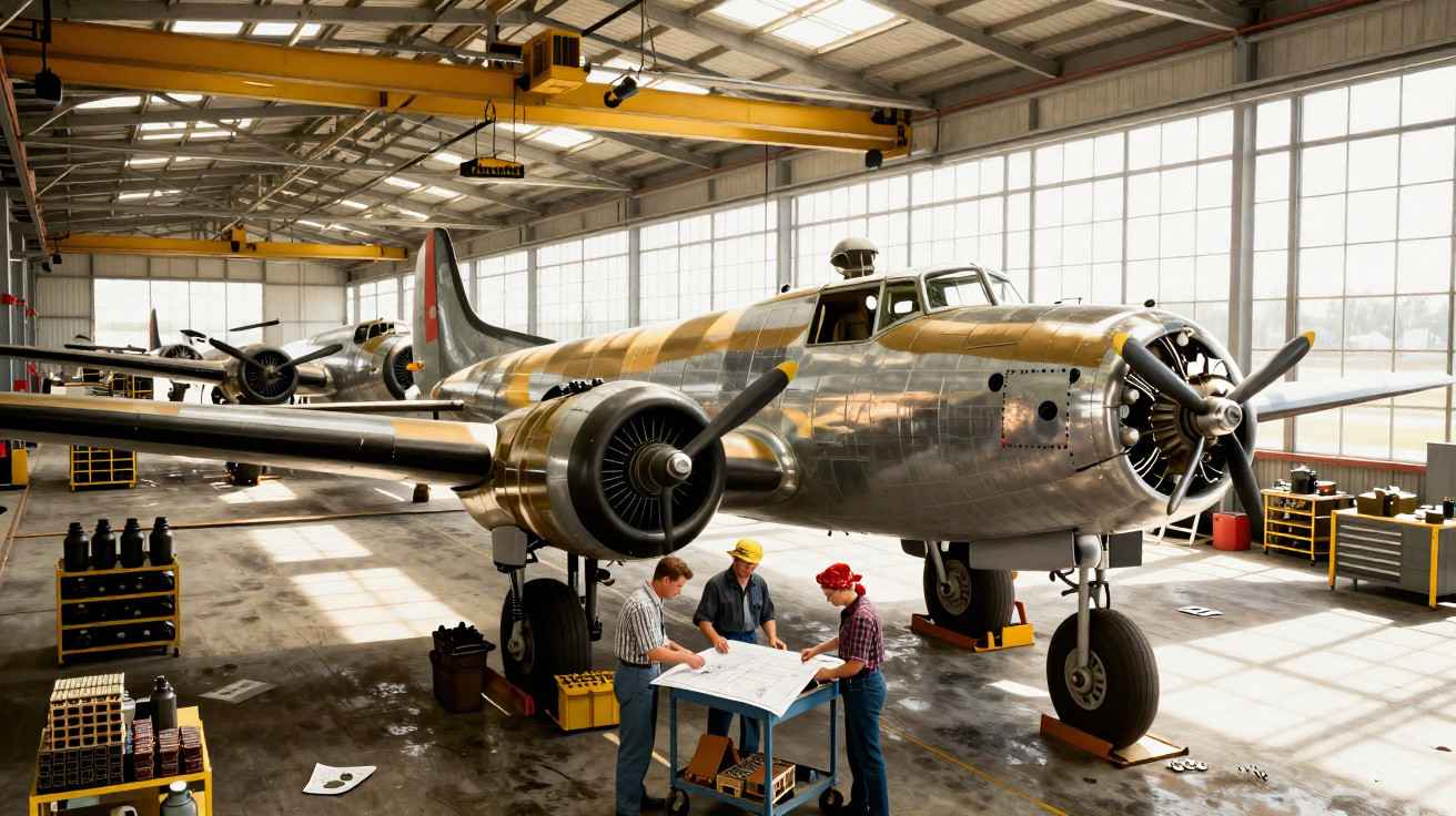 Avião vintage em hangar com três homens analisando plantas de projeto ao lado da aeronave.