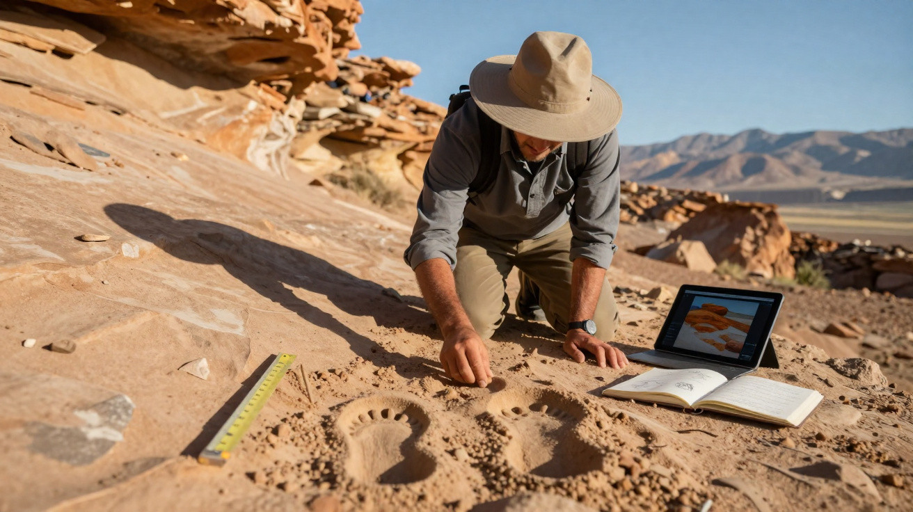 Pesquisador analisa pegadas fossilizadas na rocha em área desértica com caderno e tablet ao lado.