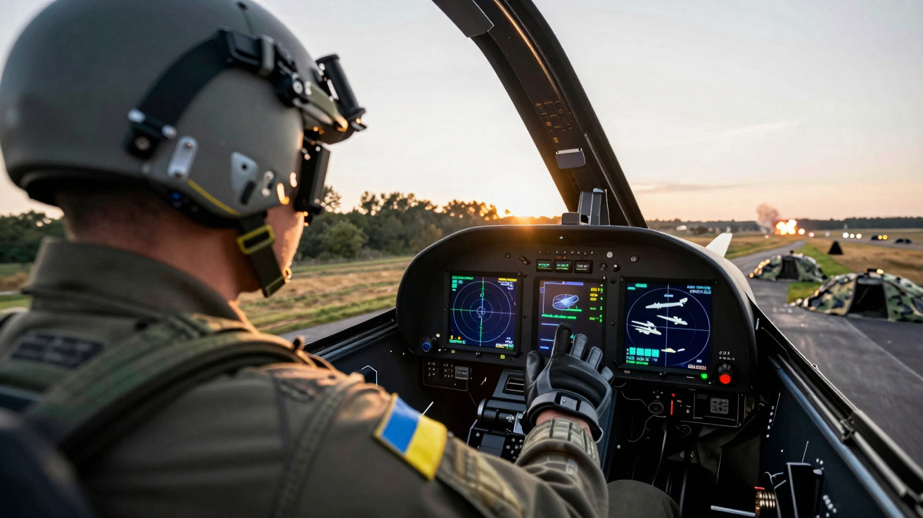 Piloto militar operando controles dentro da cabine de caça em pista durante o pôr do sol.