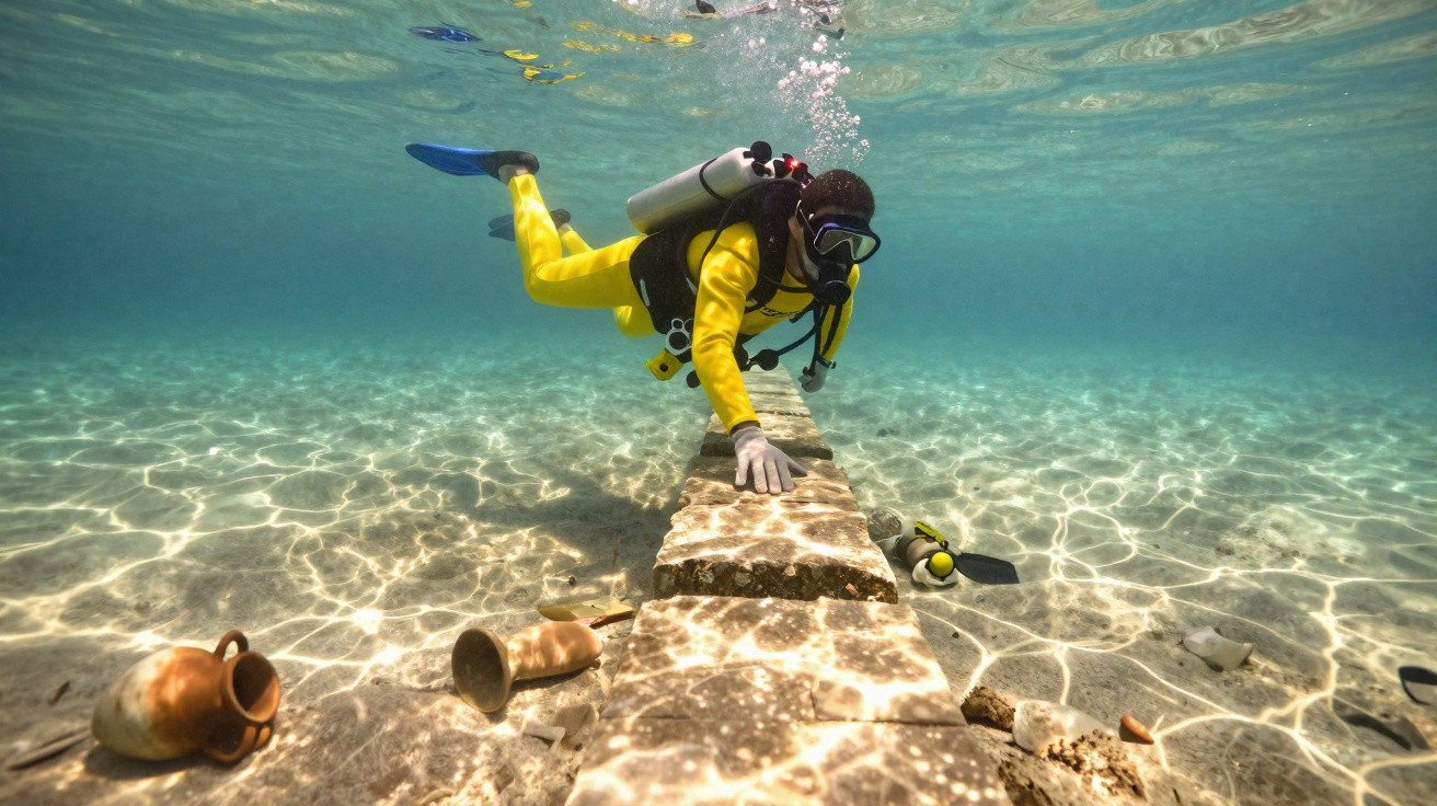 Mergulhador com roupa amarela explora ruínas subaquáticas com vasos antigos no fundo do mar cristalino.