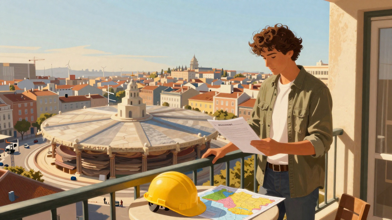 Jovem em varanda com planta e capacete, vista panorâmica de cidade histórica ao fundo.