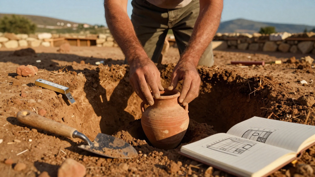 Pessoa enterrando um vaso de cerâmica em um buraco no solo, com uma pá e um caderno aberto ao lado.