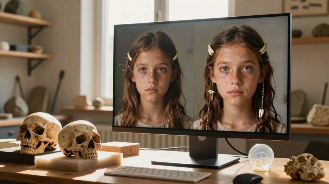 Mesa com teclado, dois crânios e monitor exibindo rosto de menina com marcas e acessórios diferentes.
