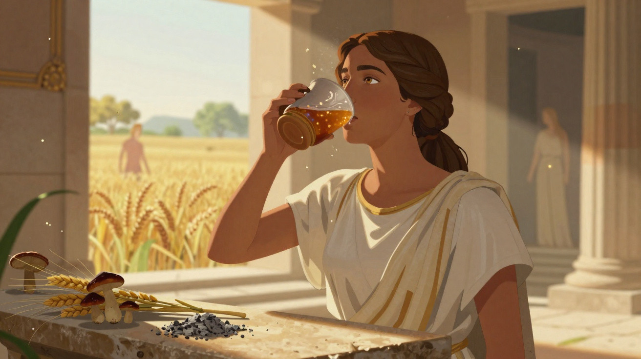 Mulher romana antiga bebendo líquido dourado em copo, campo e templo ao fundo.