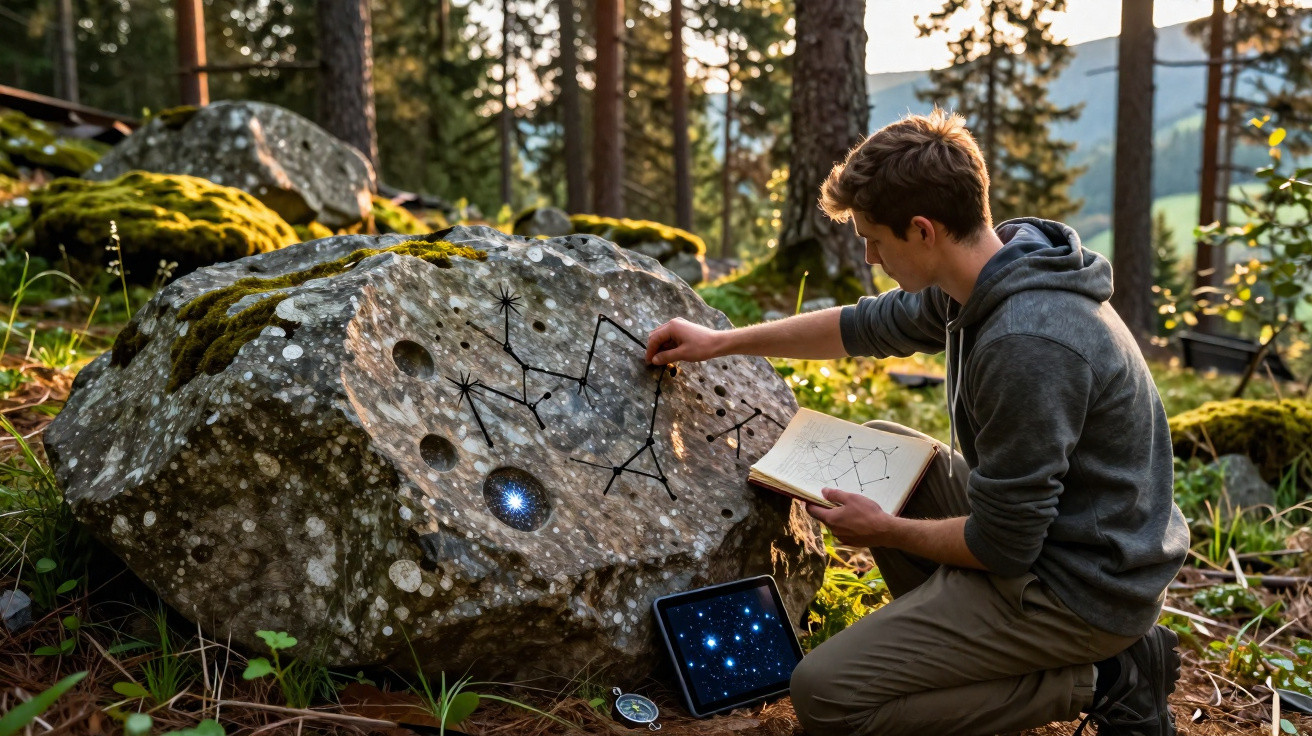Jovem desenha constelações em pedra com caderno e tablet em floresta ao entardecer.