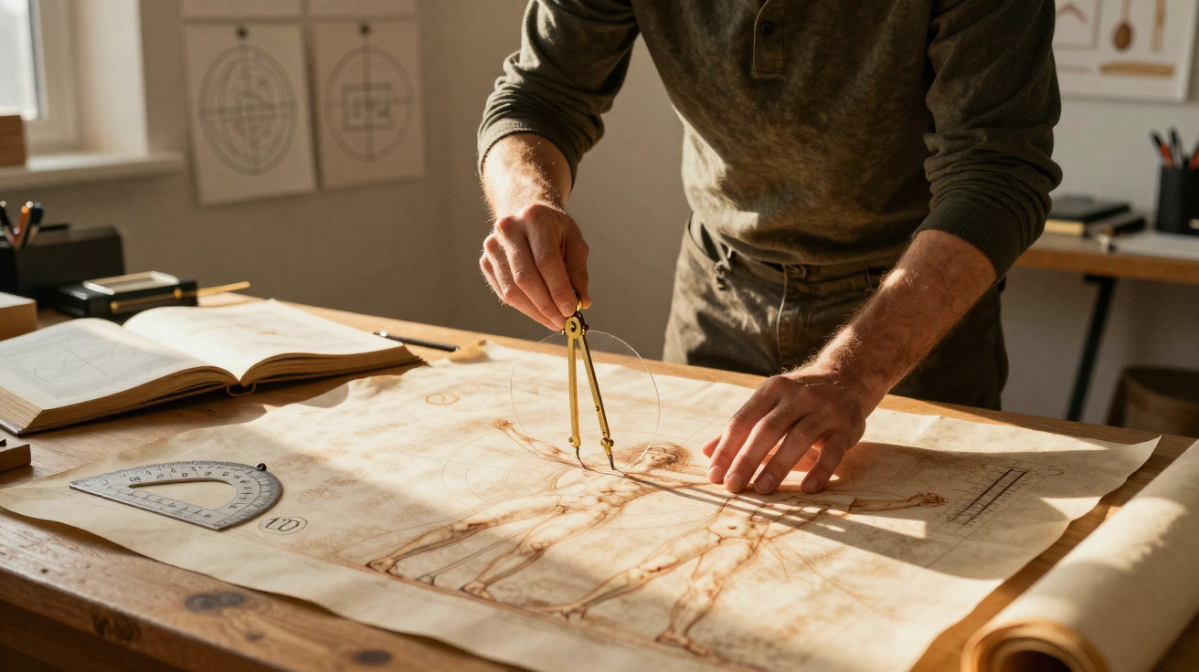 Pessoa usa compasso para desenhar sobre cópia do Homem Vitruviano de Da Vinci em mesa com livro aberto.