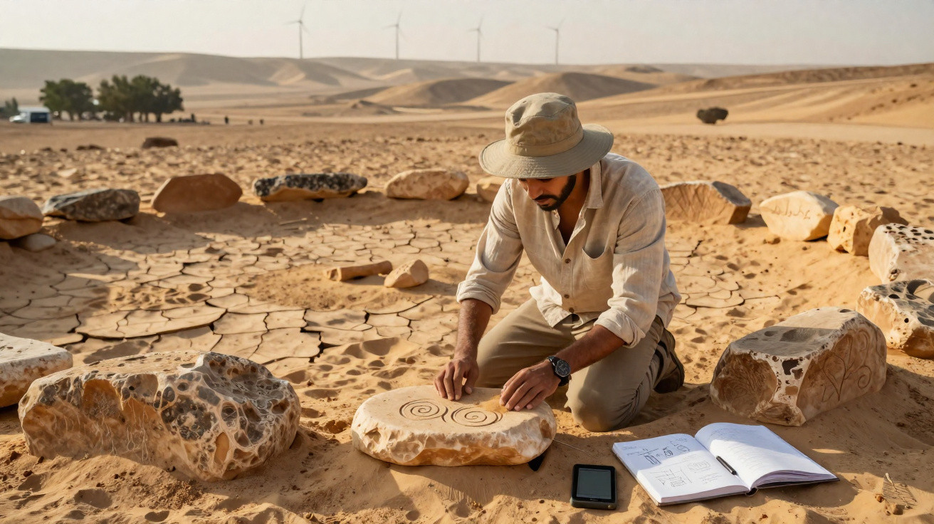 Homem com chapéu estuda desenhos em pedra no deserto, cercado por cadernos e outras pedras grandes.