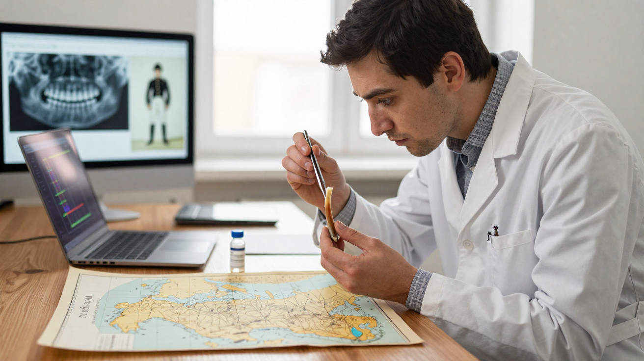 Homem de jaleco branco analisando fóssil com lupa sobre mapa em mesa com computador ao fundo.