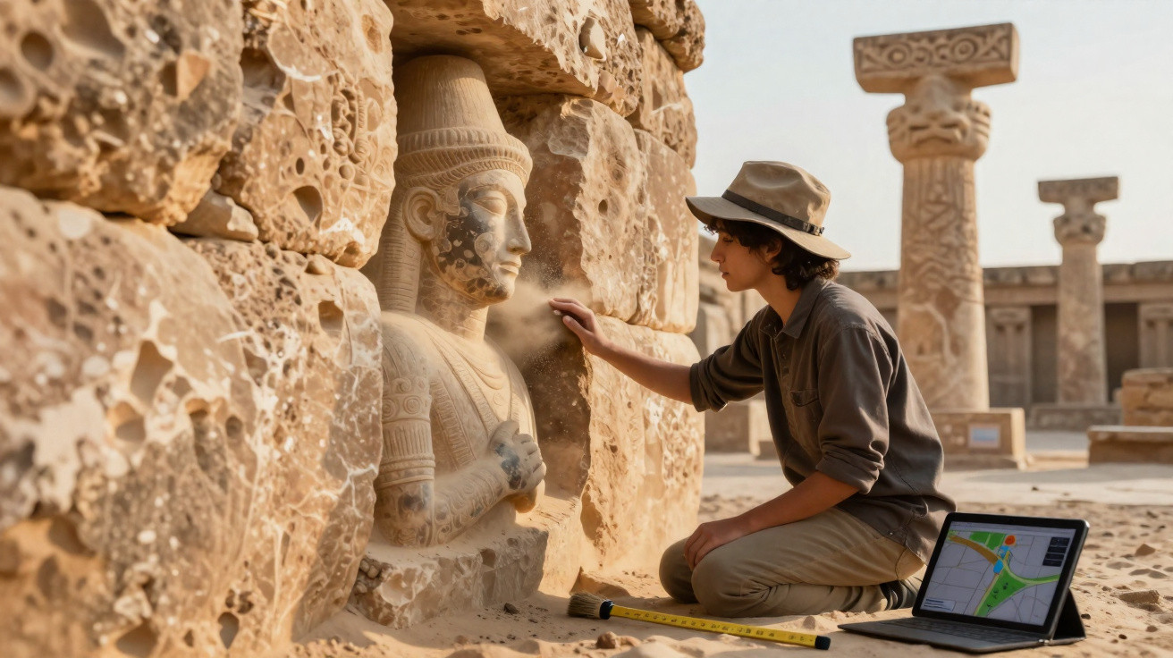 Jovem arqueólogo restaura estátua antiga em sítio arqueológico com laptop ao lado e pedras ao redor.