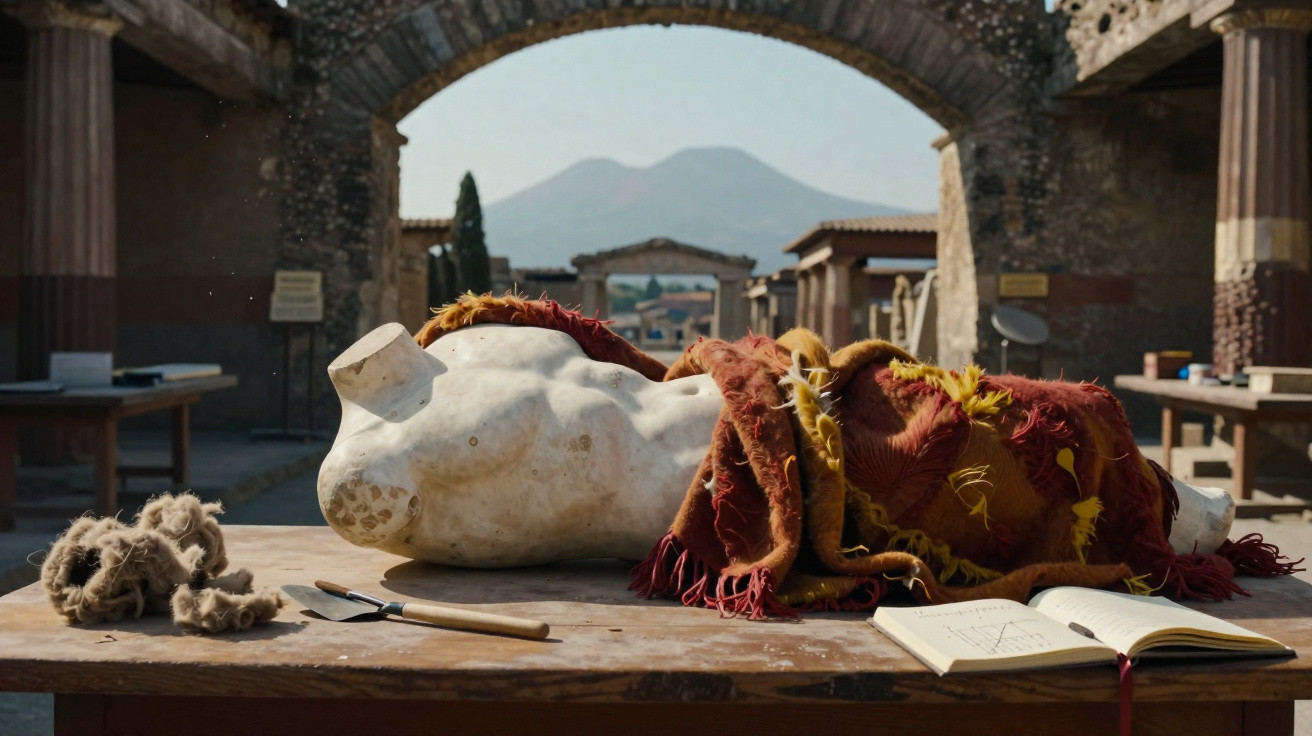 Mesa de madeira com manequim, tecido colorido, facas e cadernos em ruína antiga com arco e montanha ao fundo.