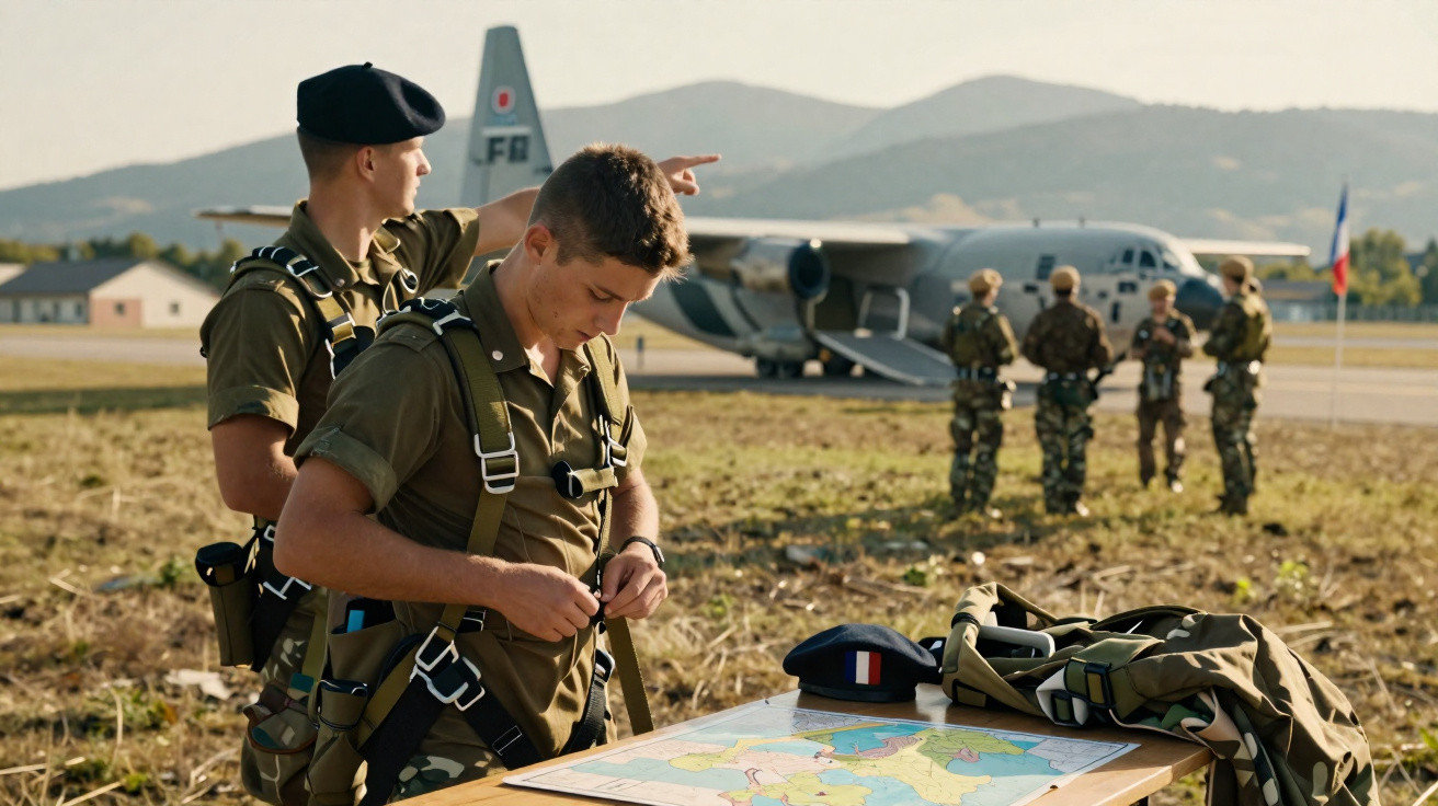 Soldados militares com equipamentos verificam mapa em mesa ao ar livre com avião e colegas ao fundo.