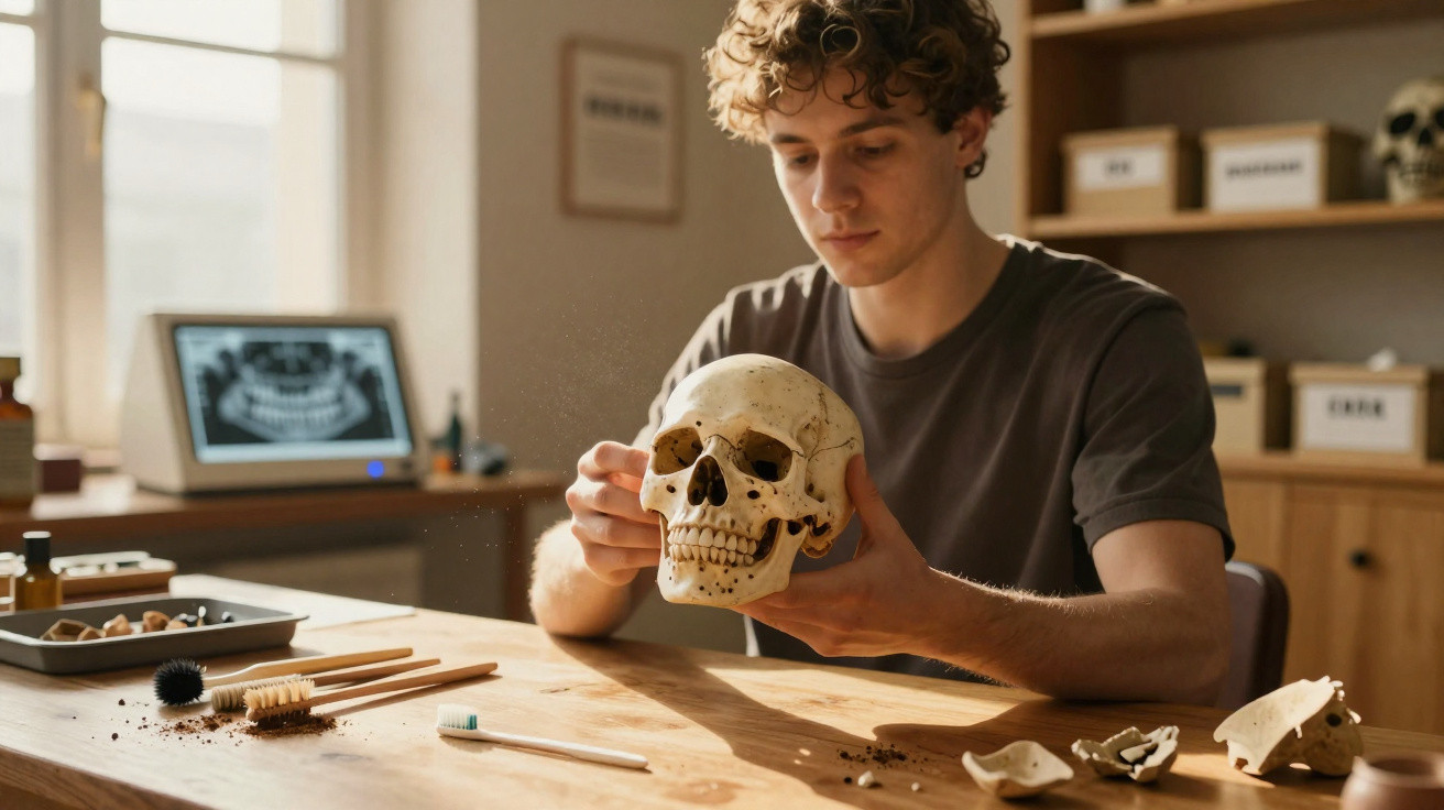 Jovem estudando um crânio humano em ambiente de laboratório com ferramentas sobre a mesa.