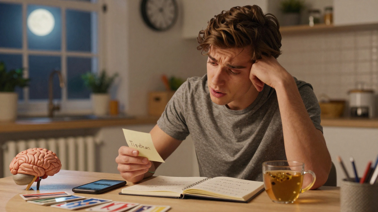 Jovem estudando à noite, segurando nota, com caderno, chá e modelo de cérebro na mesa.