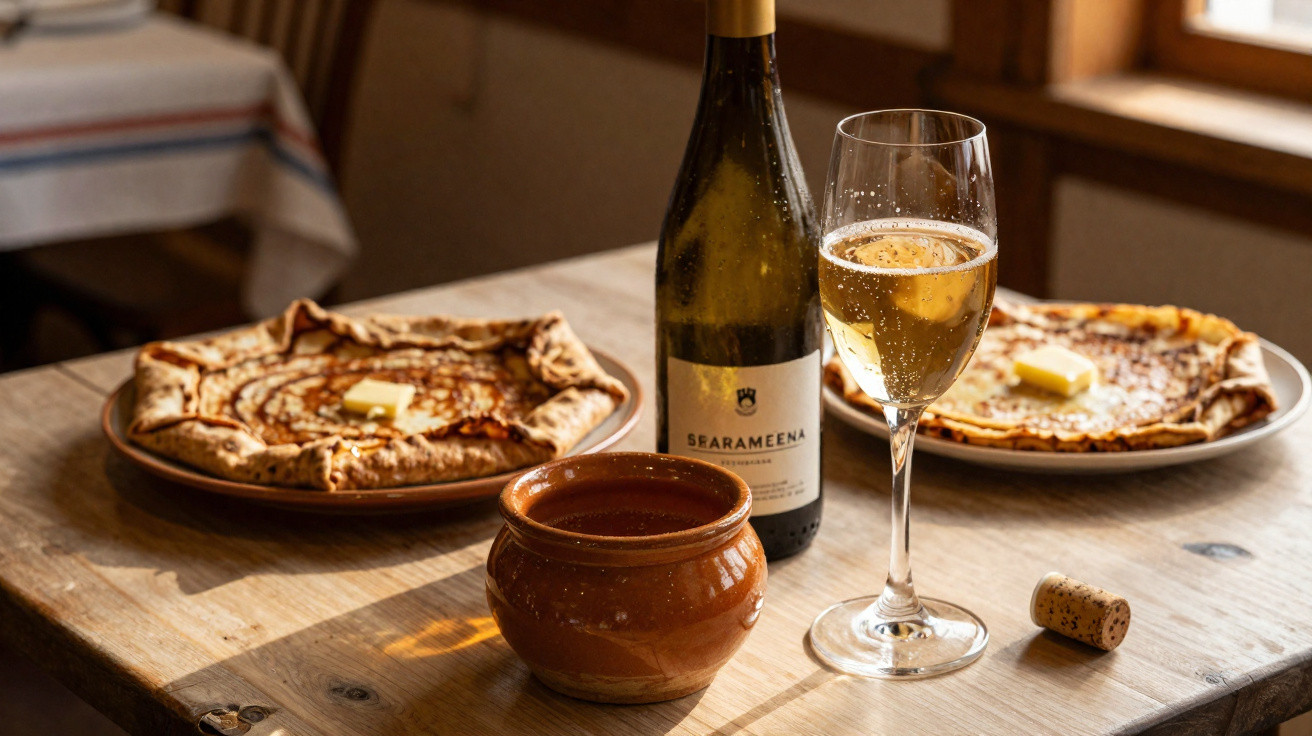Mesa de madeira com duas crepes, taça e garrafa de vinho branco e tigela de cerâmica marrom.