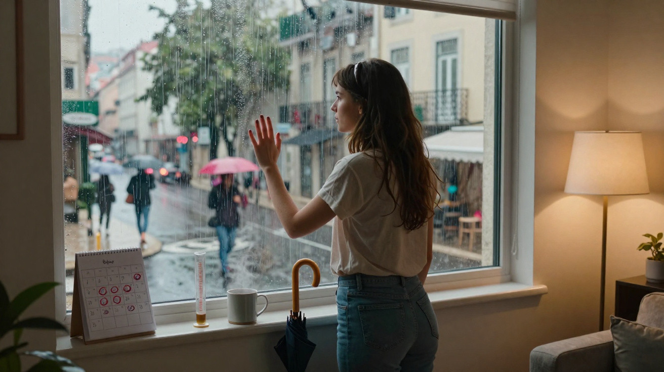 Mulher olhando pela janela em dia chuvoso, com guarda-chuva e objetos na bancada à sua frente.