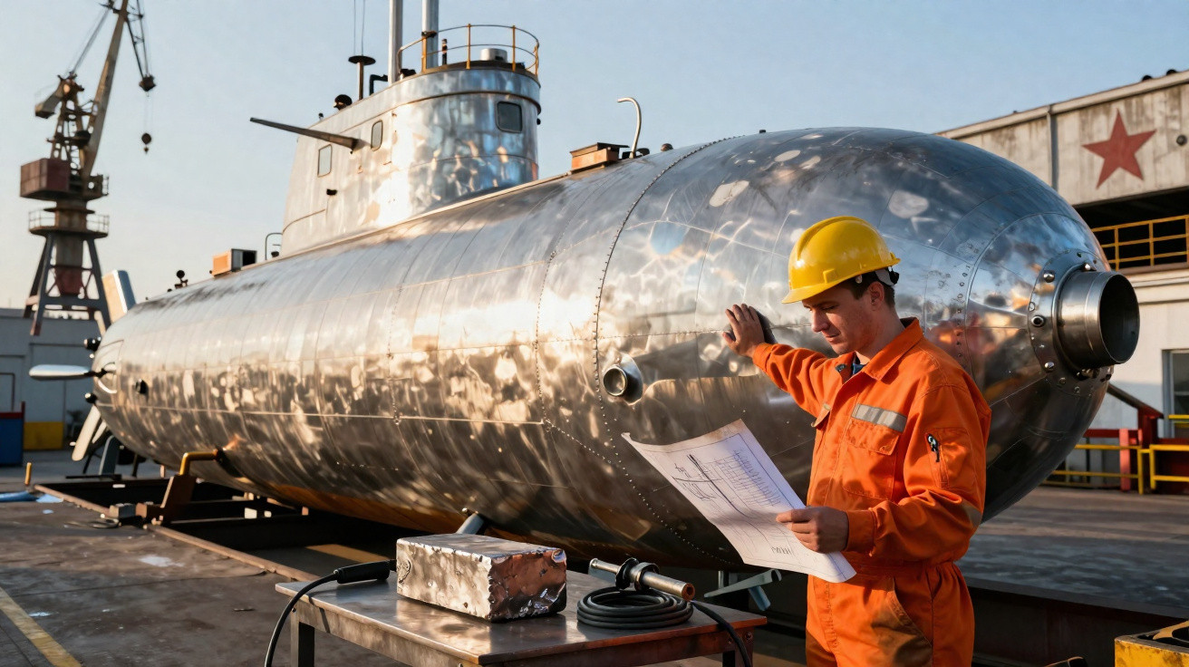 Engenheiro em macacão laranja e capacete amarelo inspeciona documento junto a submarino prateado em estaleiro.