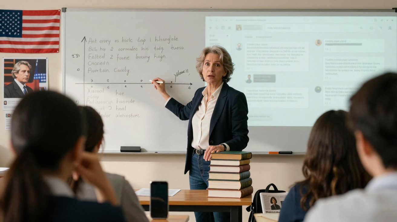 Professora explica conteúdo diante de quadro branco em sala de aula com alunos atentos.