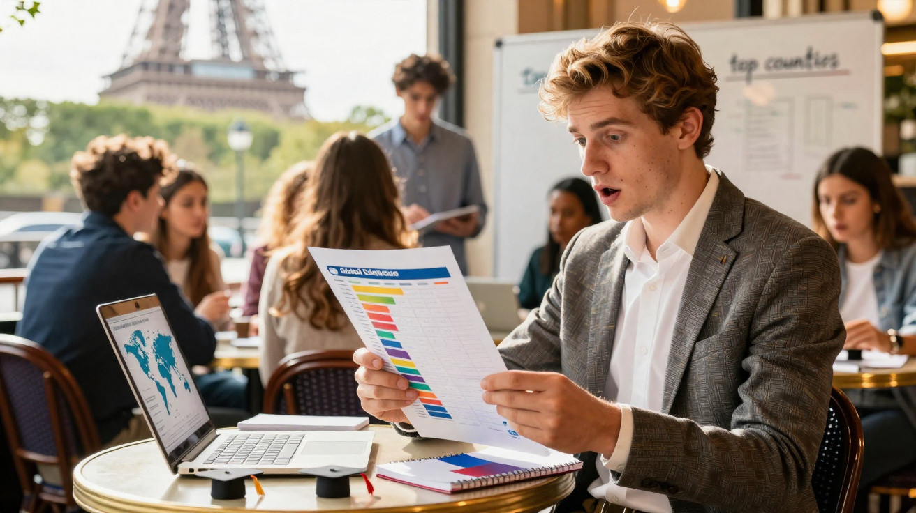 Homem jovem surpreso analisando gráfico colorido em papel, com grupo estudando e Torre Eiffel ao fundo.