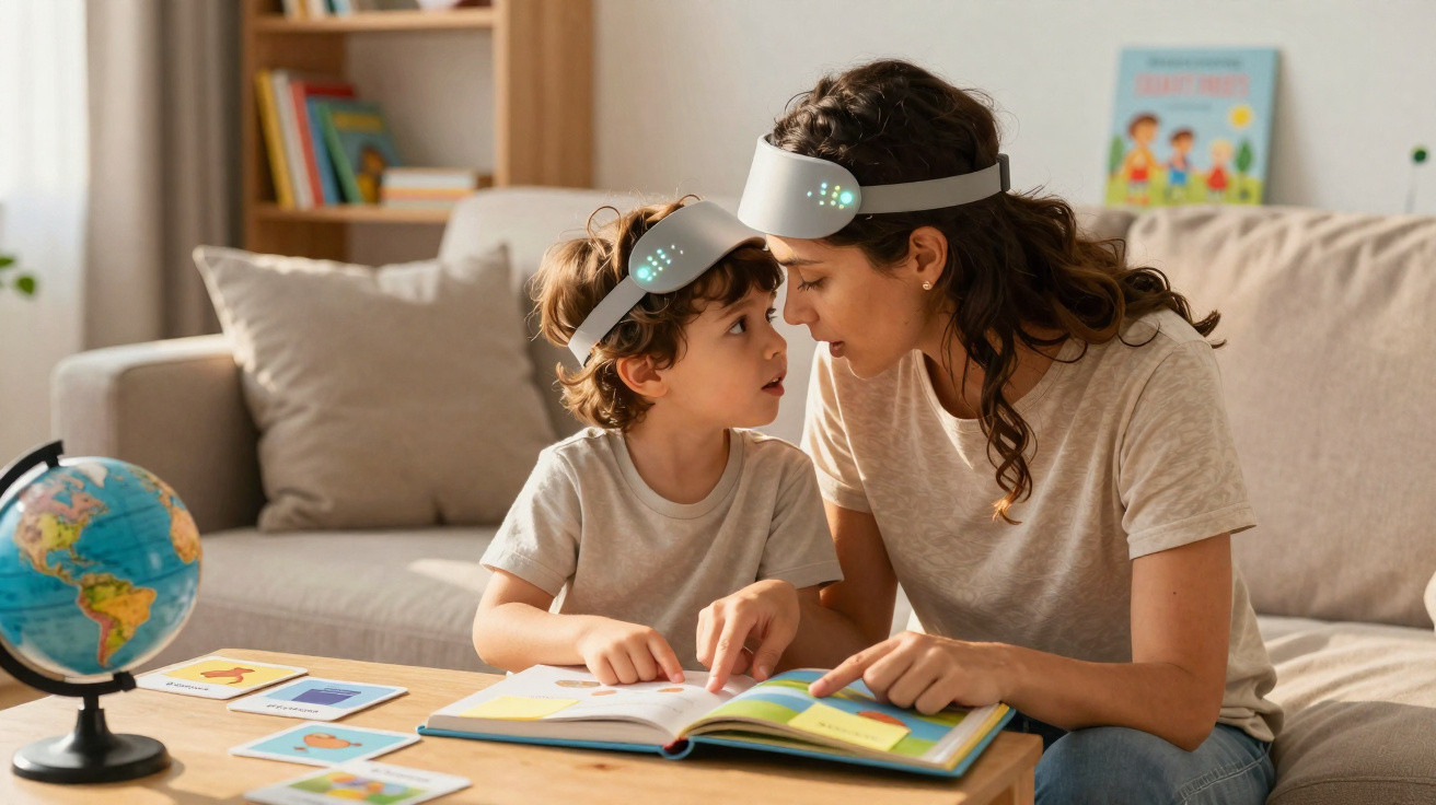 Mãe e filho usando fones inteligentes estudando juntos com livro e globo em sala iluminada e aconchegante.