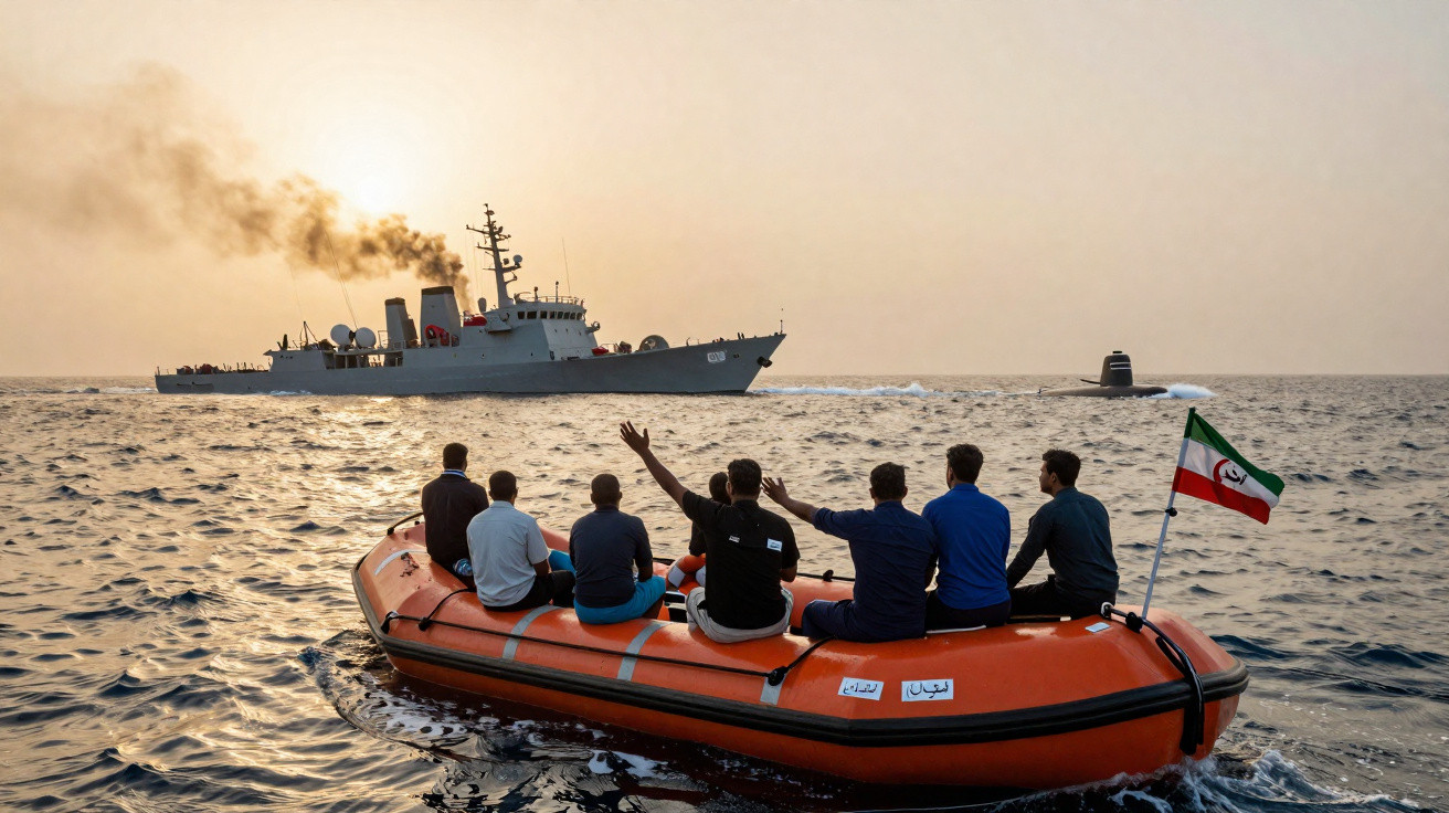 Homens em bote inflável laranja observam navio de guerra e submarino no mar ao pôr do sol.