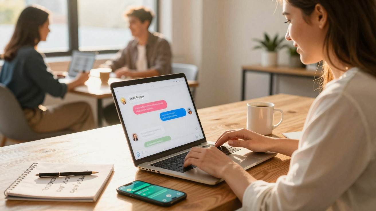 Mulher digitando no laptop com chat aberto, smartphone e caderno sobre mesa em ambiente de trabalho.