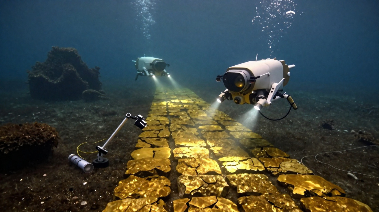 Robôs submarinos iluminam um caminho dourado no fundo do mar durante exploração arqueológica.