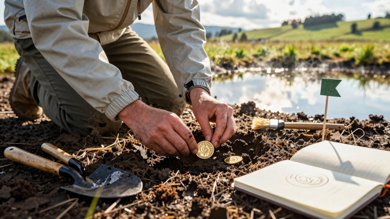 Pessoa desenterrando moedas douradas no solo, ao lado de pá, pincel e caderno aberto em área rural.