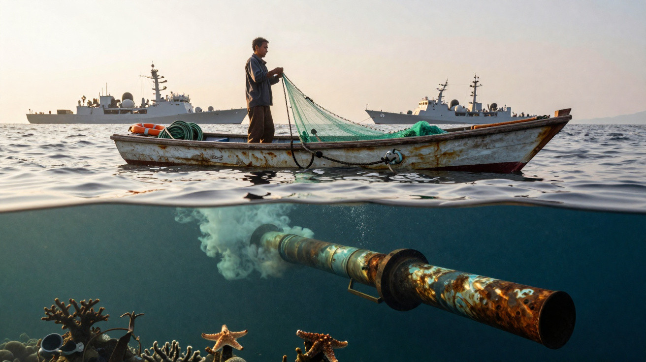 Homem pesca em barco próximo a navios de guerra com canhão submerso e vida marinha ao fundo.