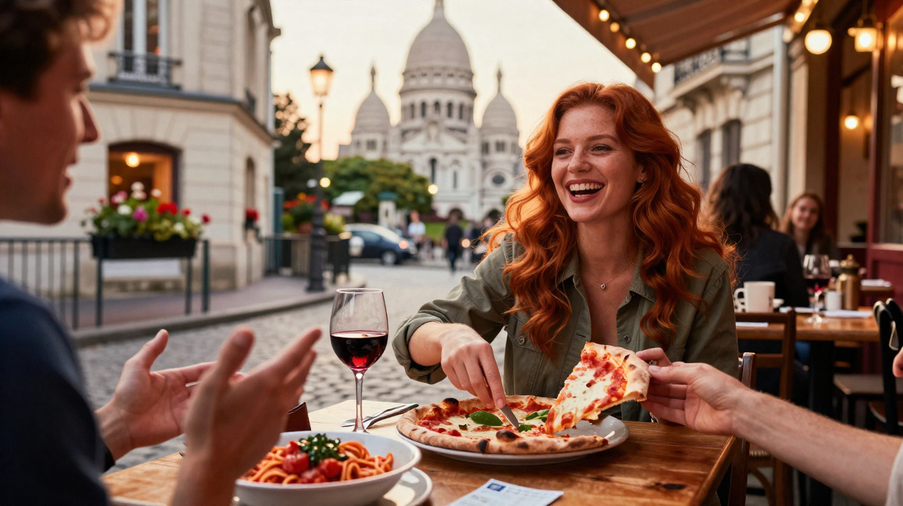 Mulher ruiva sorridente pegando pizza em mesa ao ar livre, com vinho e prato de massa, em rua com igreja ao fundo.