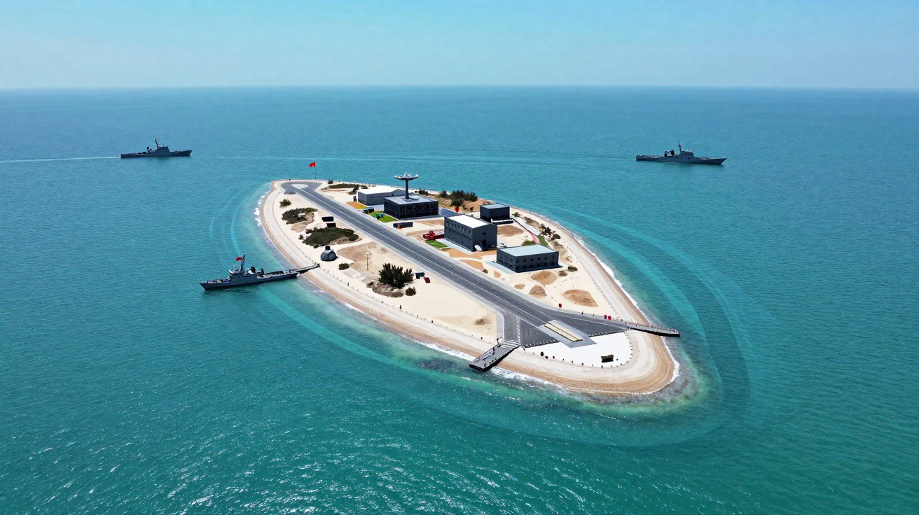 Pequena ilha artificial com pistas de pouso, edifícios e navios de guerra ao redor no mar calmo.
