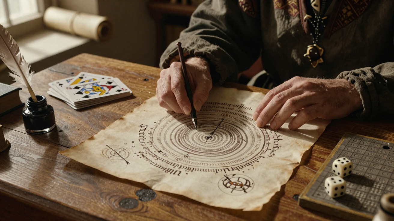 Pessoa escrevendo em pergaminho com desenhos circulares ao lado de dados, cartas e tinteiro.