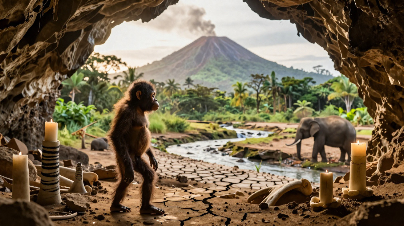 Filhote de macaco na entrada de caverna com elefante, vegetação e vulcão fumegante ao fundo.