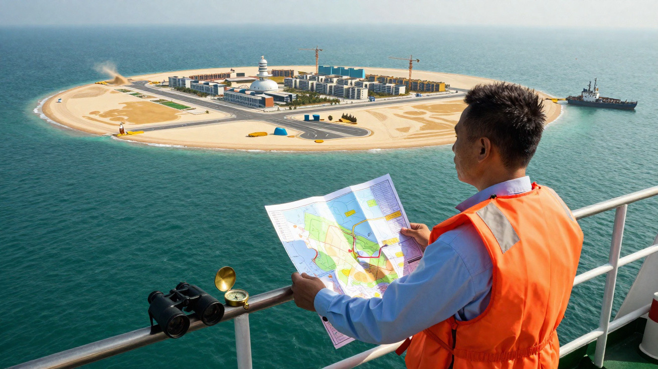 Homem de colete laranja observa mapa em plataforma próxima a ilha artificial com edifícios e barco no mar.