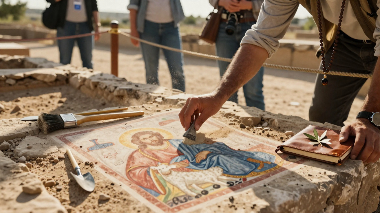Pessoa limpando pintura antiga de figura religiosa em escavação arqueológica com ferramentas ao redor.