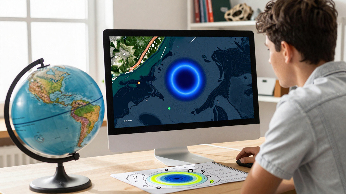 Jovem sentado em mesa com globo terrestre, usando computador com imagem de buraco negro azul na tela.