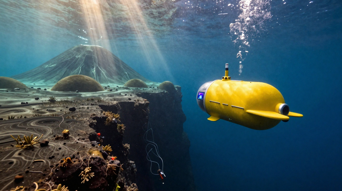 Submarino amarelo explorando um recife marinho iluminado por raios de sol na água azul profunda.