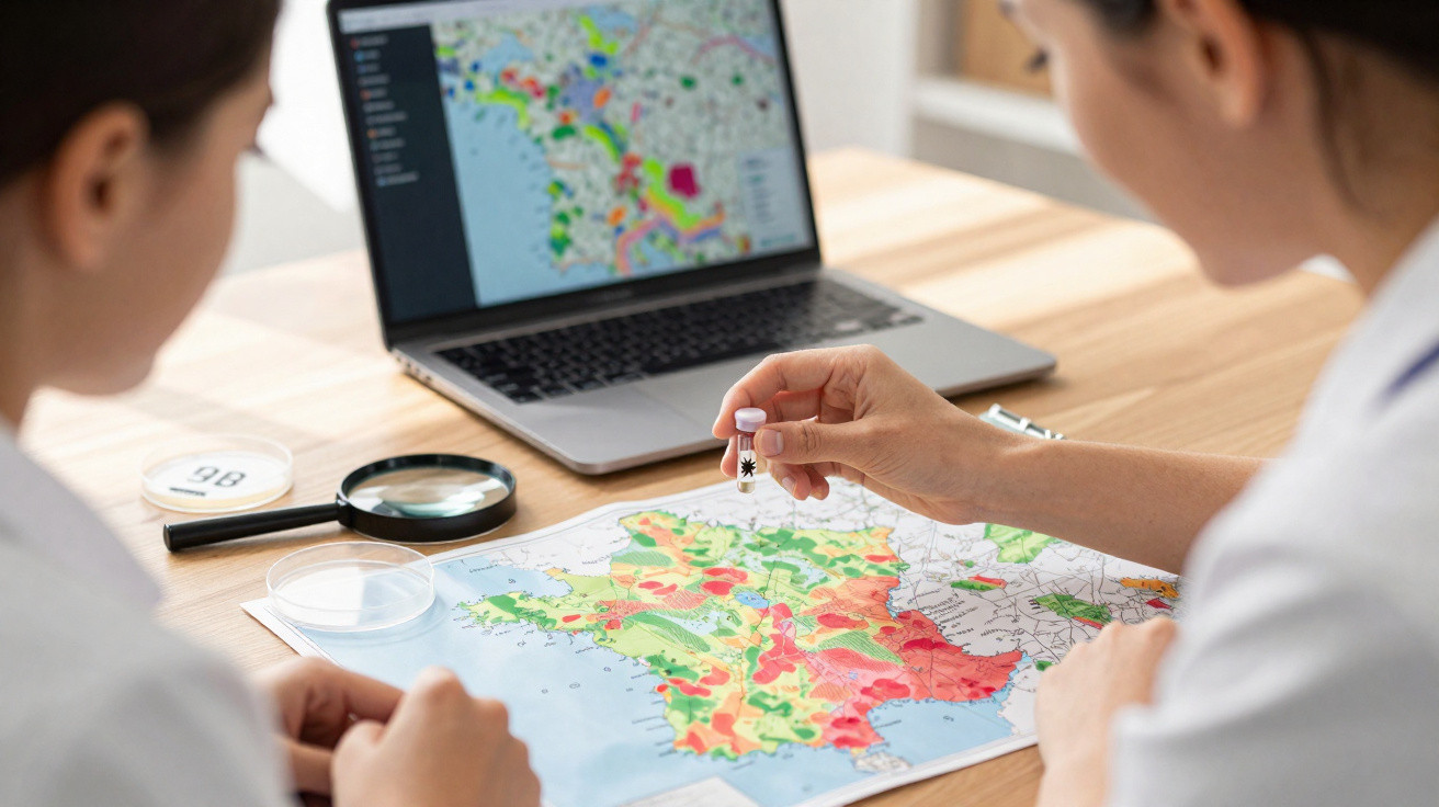 Duas pessoas analisando mapa colorido na mesa com laptop ao fundo exibindo mapa semelhante.