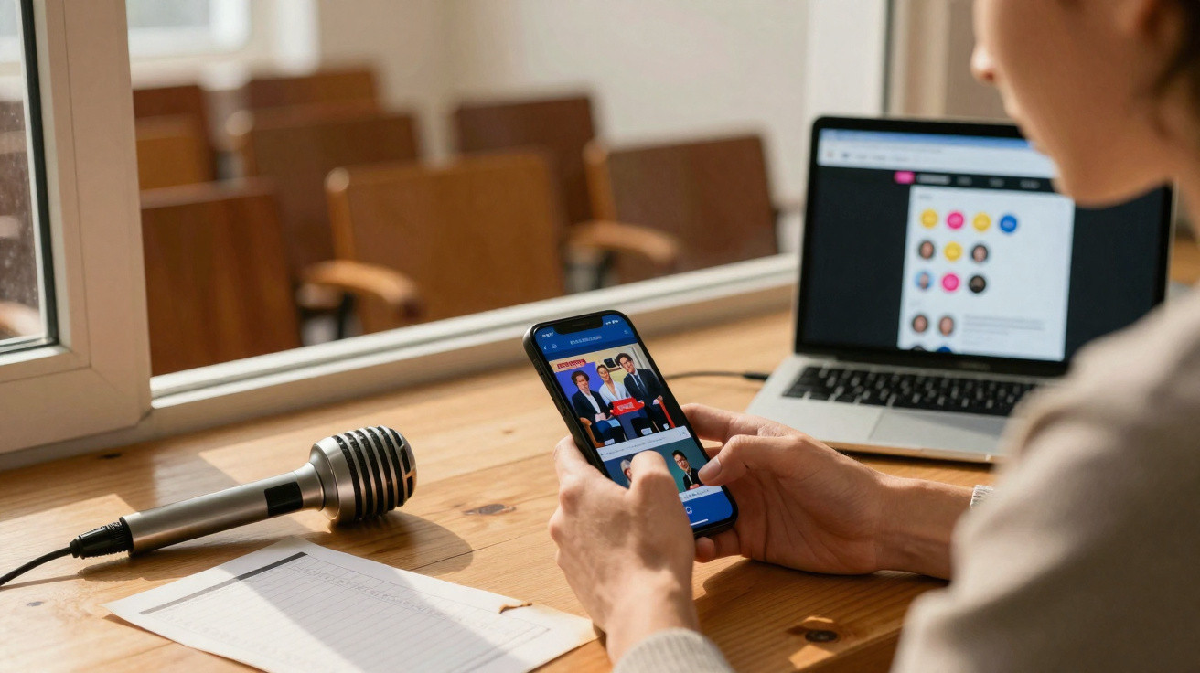 Pessoa usando smartphone com vídeo, laptop aberto e microfone sobre mesa de madeira em ambiente interno.