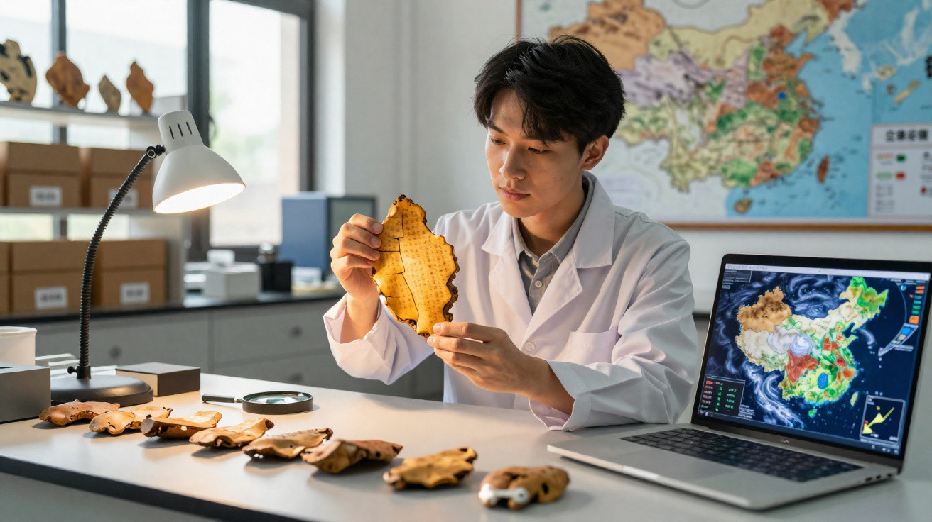 Pesquisador em laboratório analisa fragmentos de ossos fósseis com mapas de análise na tela do notebook.