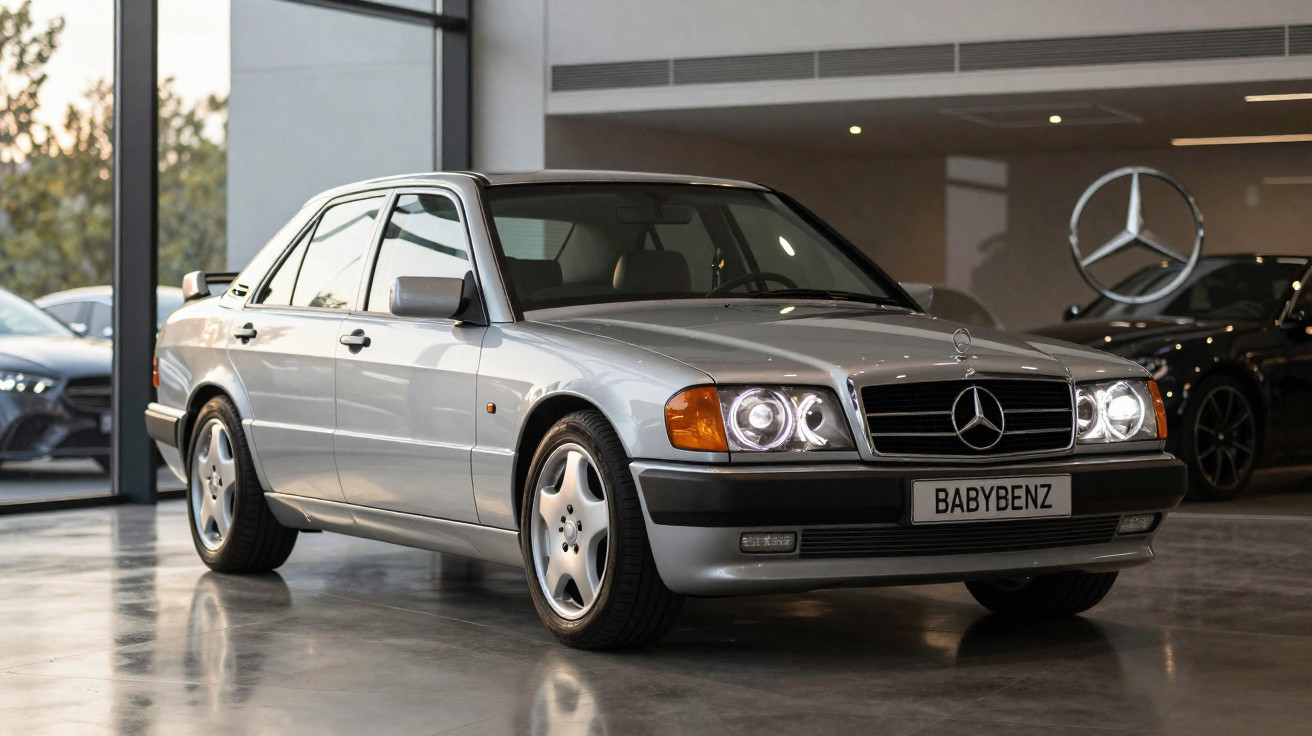 Carro Mercedes-Benz prata modelo clássico 190E em exposição interna com faróis acesos.