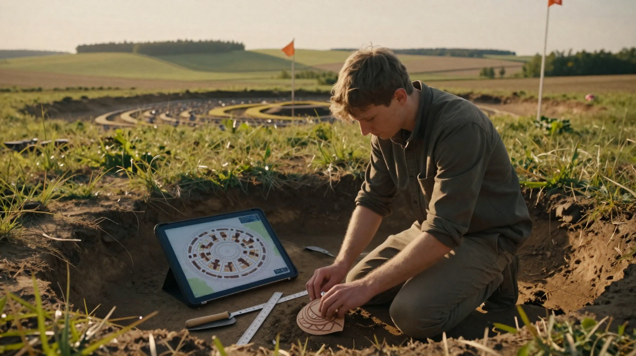 Homem estudando peças arqueológicas em escavação ao ar livre, com tablet mostrando mapa circular.