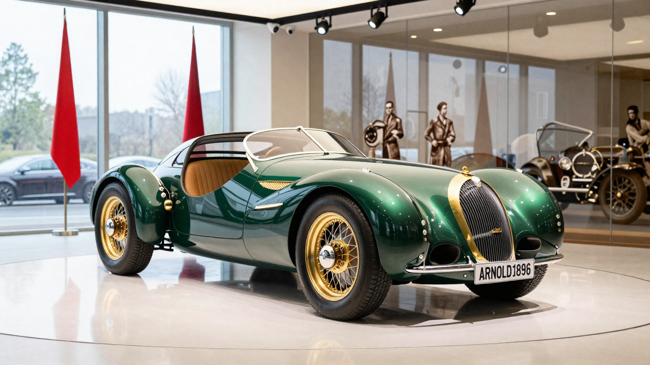 Carro esportivo clássico verde com detalhes dourados exposto em museu com parede de vidro ao fundo.