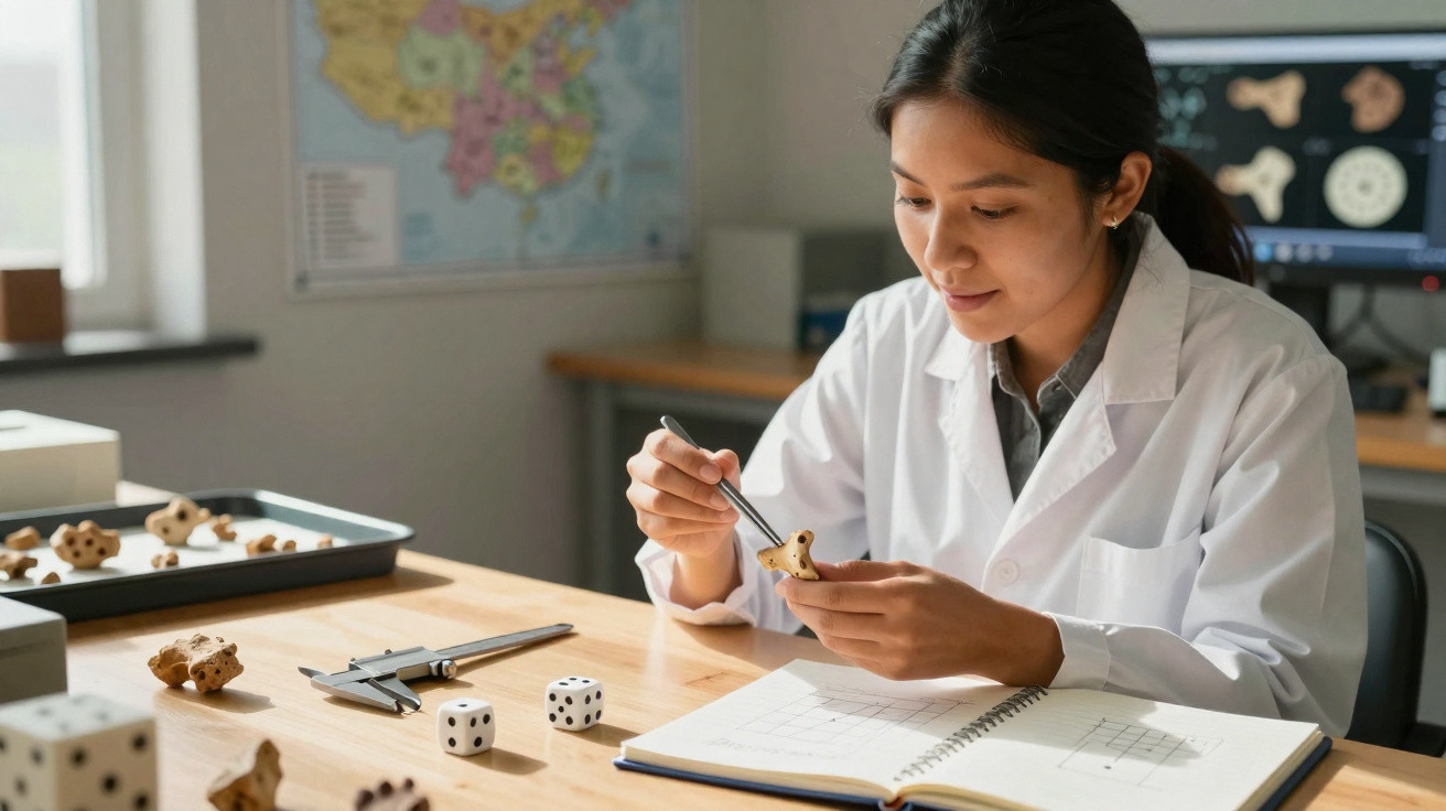 Mulher cientista examina um fóssil com pinça, em um laboratório com mapas e modelos geológicos.