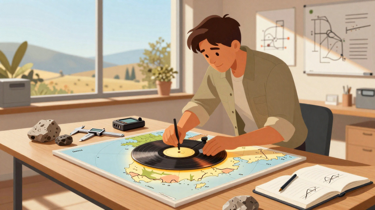 Homem desenhando no centro de um disco de vinil sobre um mapa em mesa iluminada por janela.