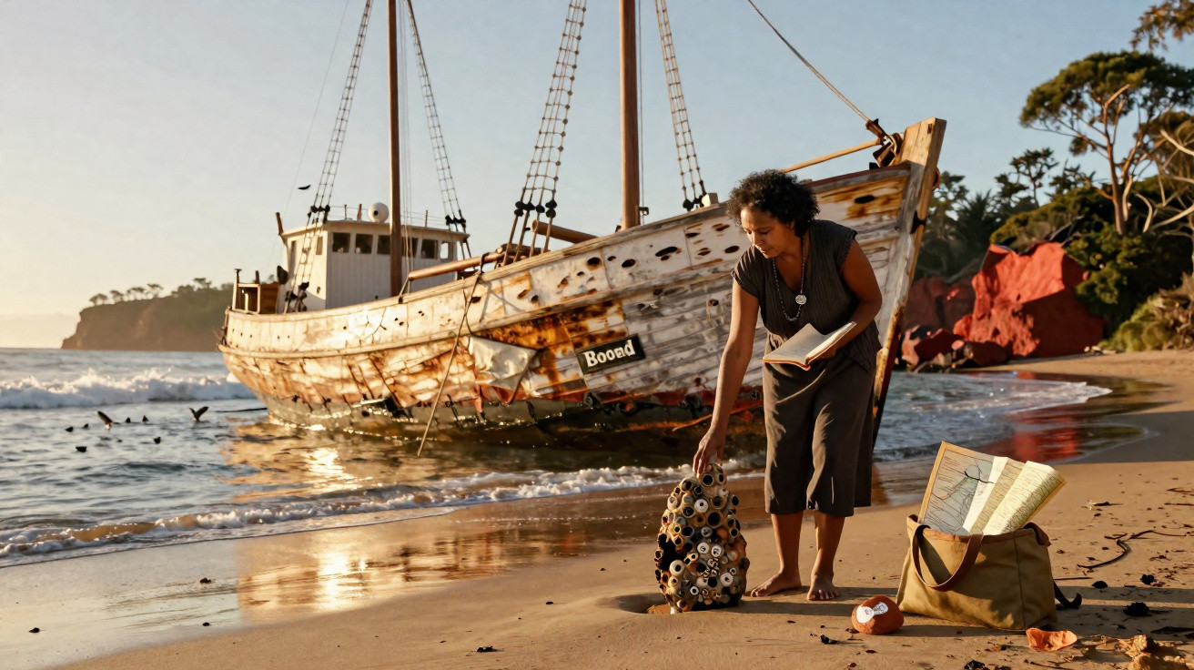 Mulher coleta objetos em praia com navio velho e enferrujado encalhado ao fundo no pôr do sol.