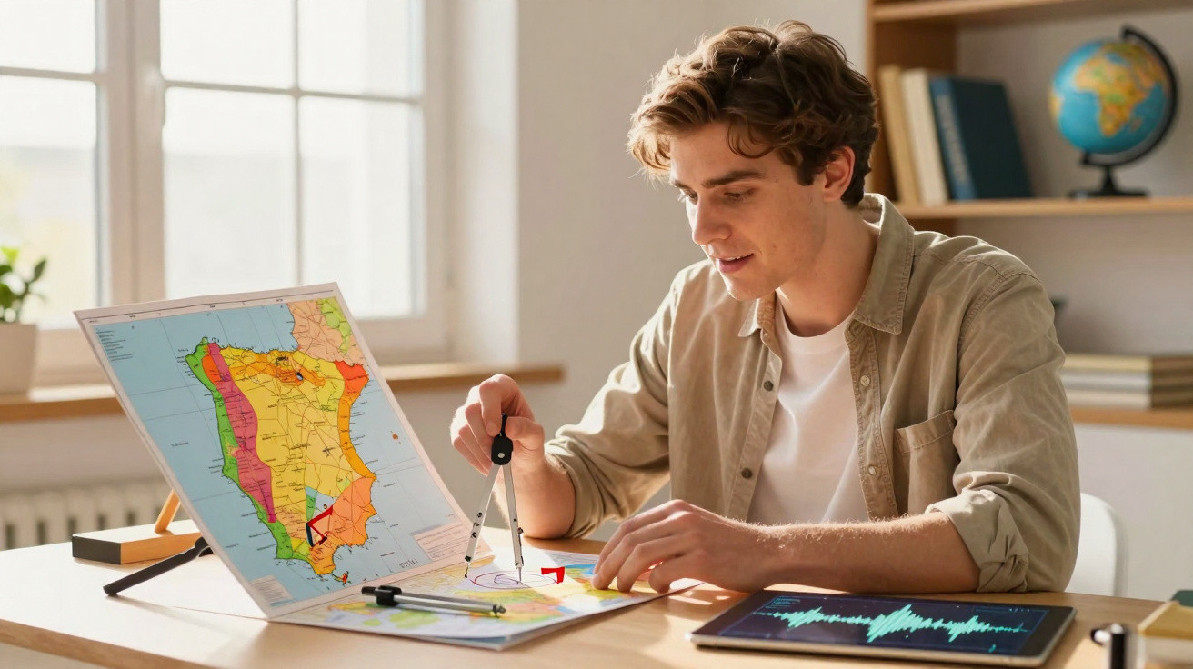 Homem jovem usando compasso para desenhar sobre mapa colorido em mesa com tablet e livros.