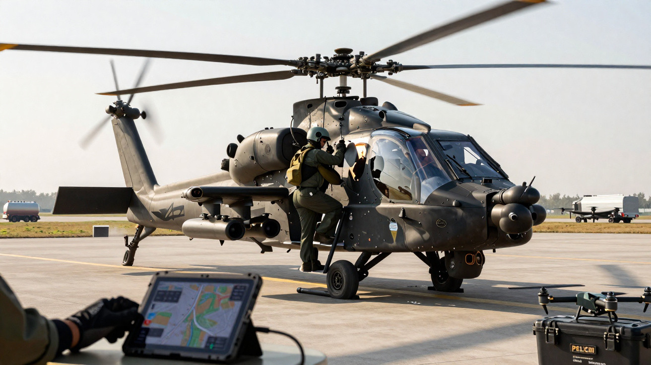 Helicóptero militar na pista enquanto soldado equipado sobe pela escada lateral durante operação.