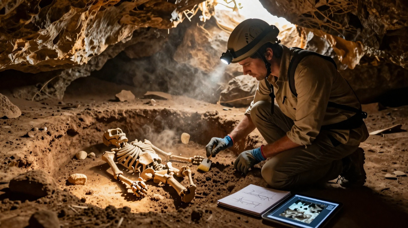 Arqueólogo em caverna escavando fóssil humano com pala e equipamentos de luz na cabeça.